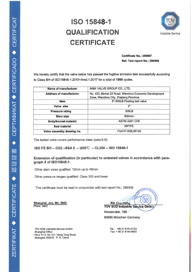 ISO 15848-1 Ball Certificate